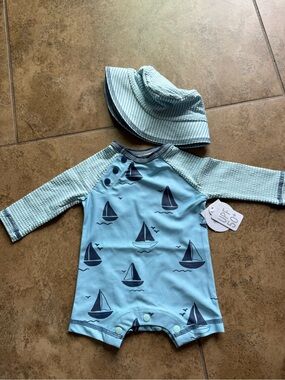 Mud Pie Blue Sailboat One-Piece Swimsuit with Sun Hat